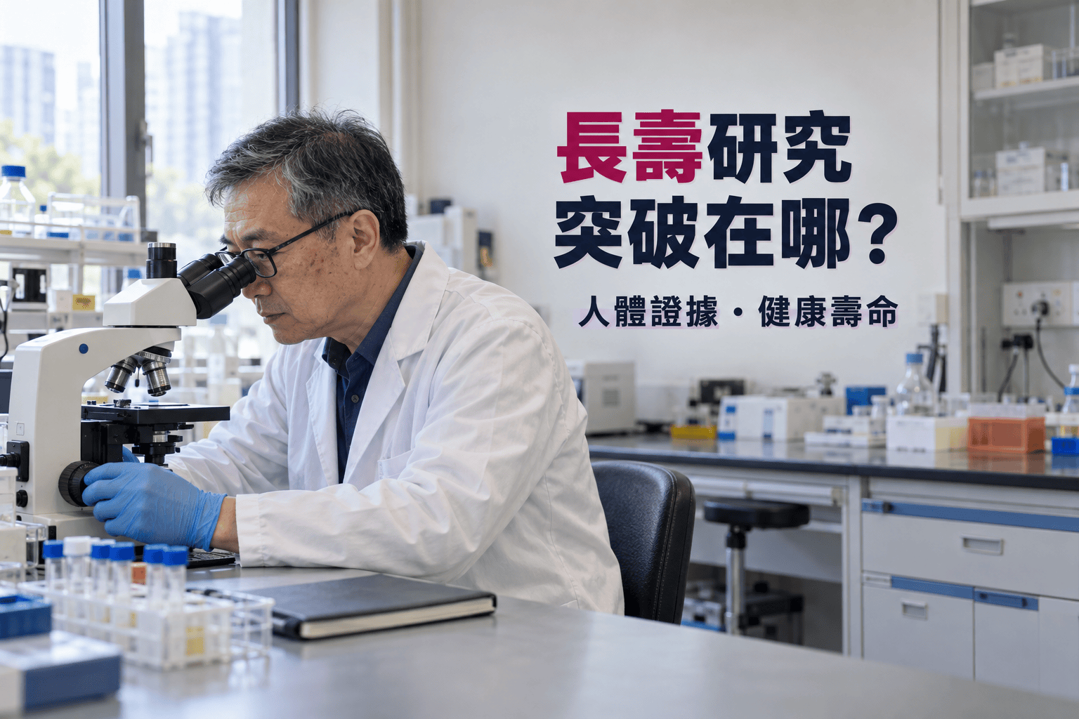 一名中年華人研究人員戴眼鏡及手套,在實驗室用顯微鏡觀察樣本