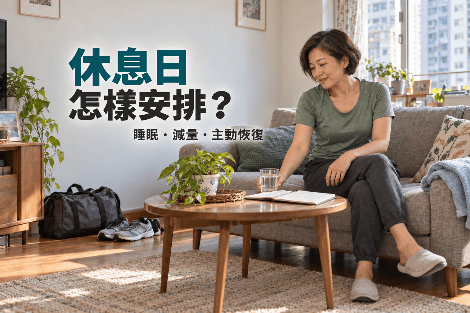 一名中年華人女士穿運動服坐在沙發休息，一手扶着水杯，桌上攤開筆記本