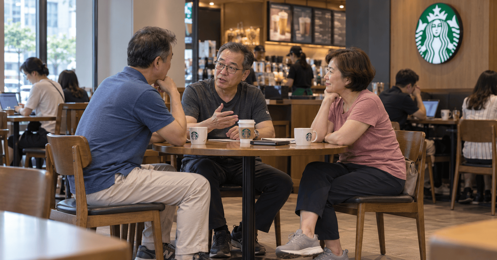 三位50歲以上的香港人在咖啡店自然交談，展現退休後的相聚與交流