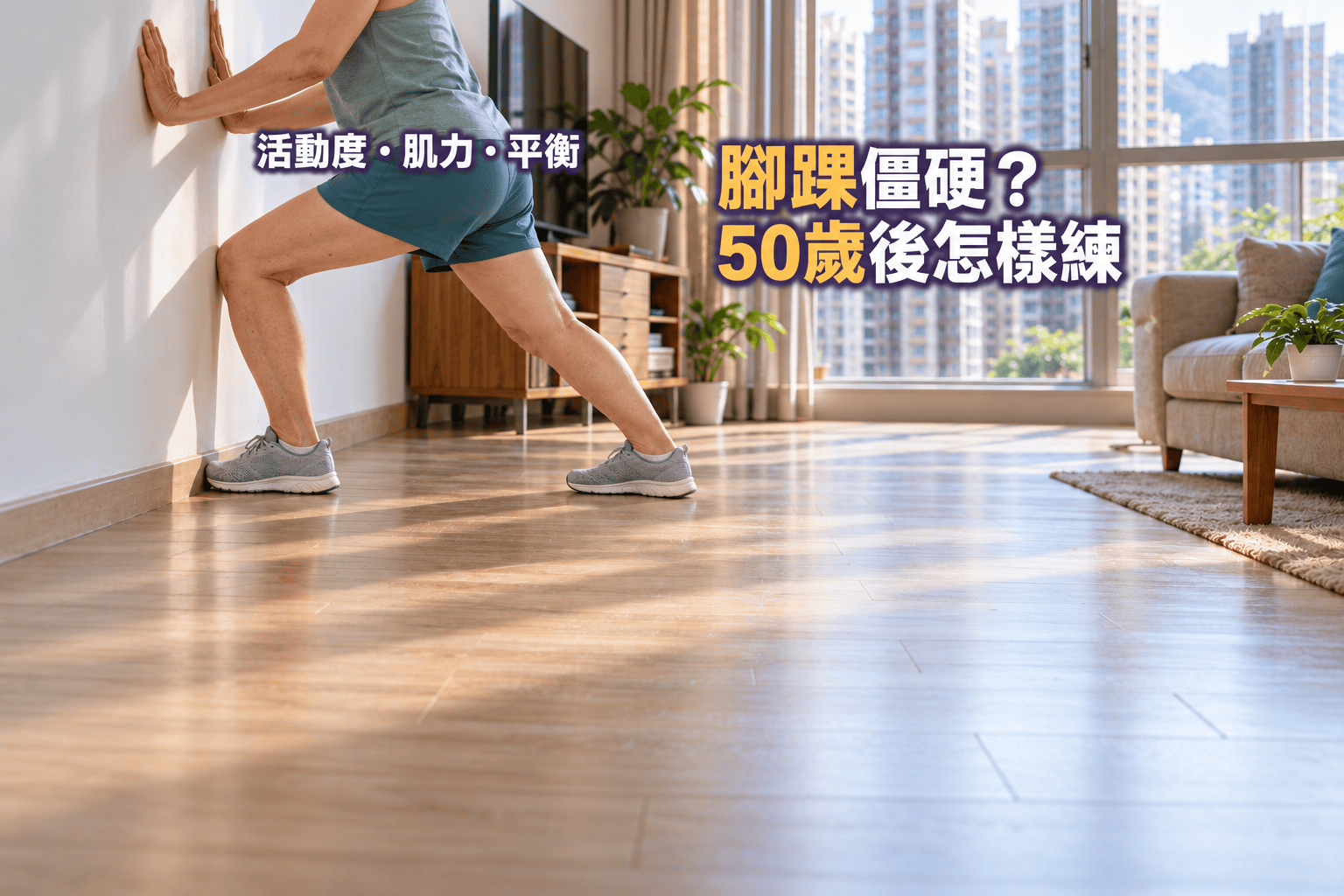 女子在家扶牆做膝向前移的足踝練習，前腳腳跟貼地，畫面集中雙腿與雙腳