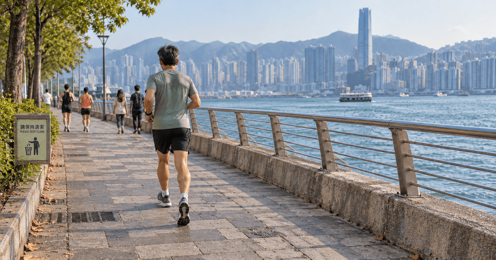 一名中年男士穿着運動服,背向鏡頭沿香港海濱步道跑步