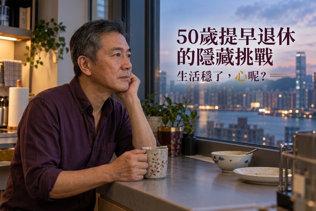 一名50歲男子在明亮的木質桌前沉思,桌上放著筆記本與咖啡杯,展現提早退休後的自主生活規劃