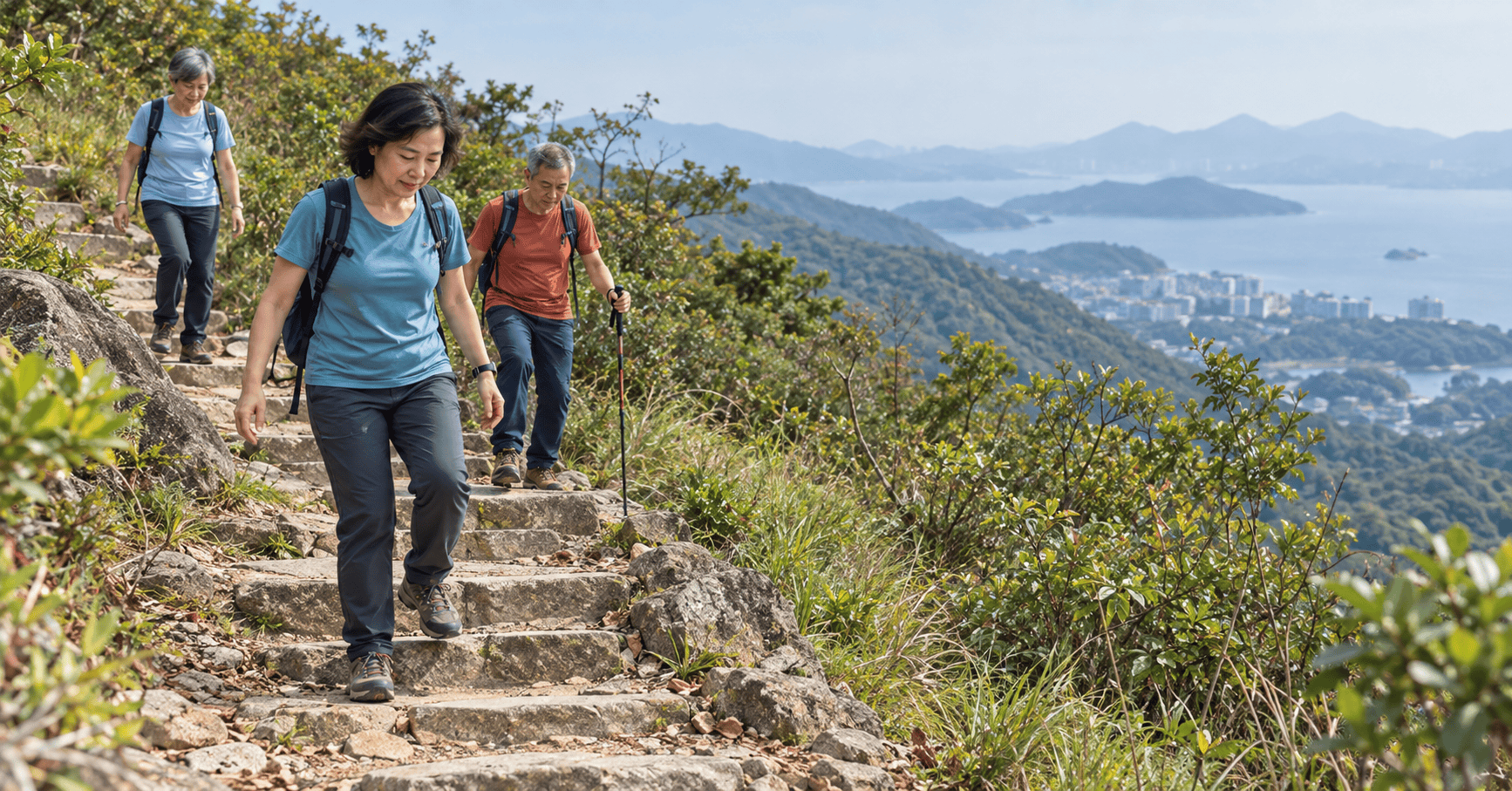 香港50歲以上行山人士背着輕便背囊，在有上落斜的郊野山徑步行