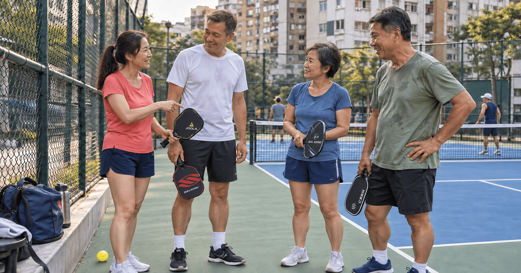 不同程度的香港成年球友在匹克球場邊交流及安排下一次練習