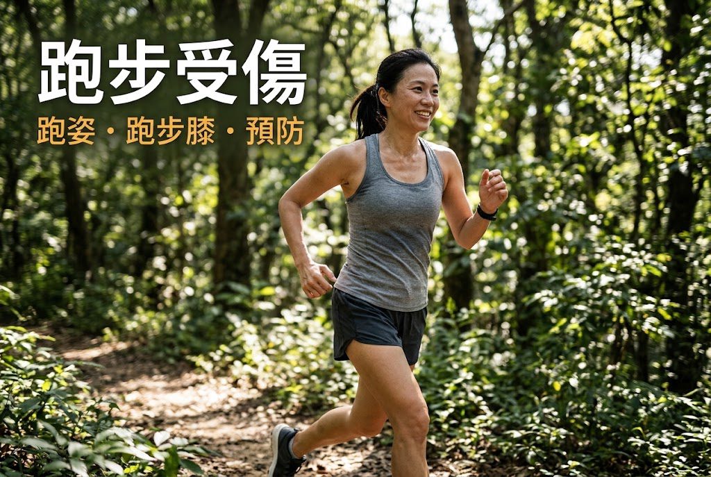 一位中年的女性跑手在戶外陽光林道中專注跑步，展現自然的身型與充滿動感的跑步姿態