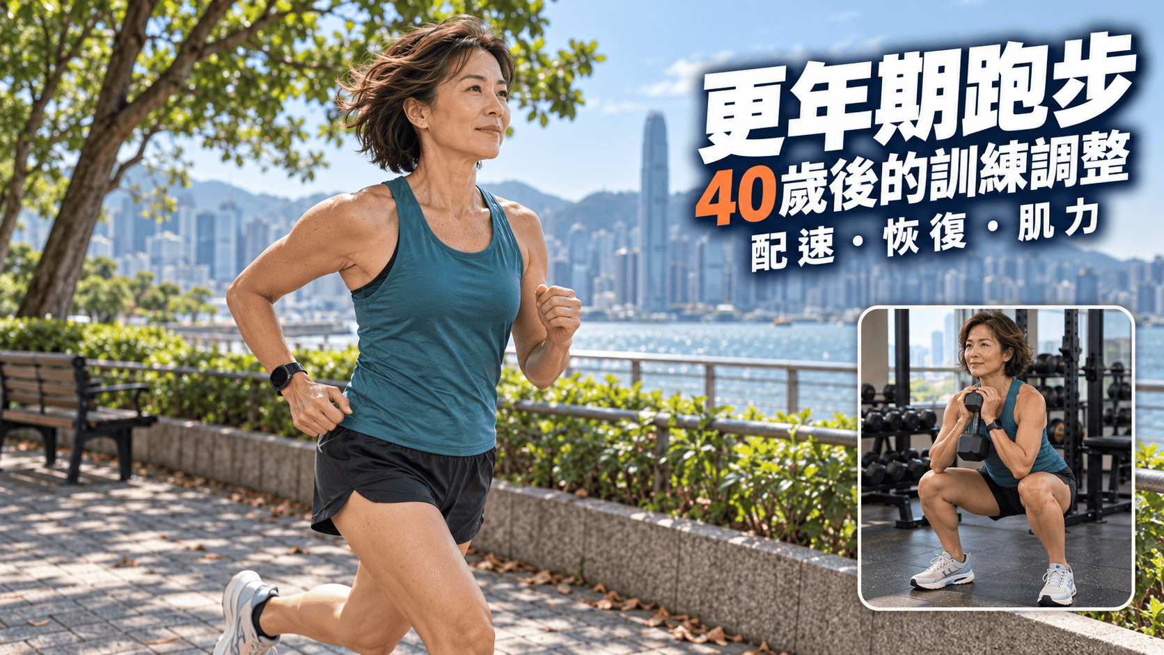 一名約50歲的香港女士穿運動服在公園慢跑，呈現中年女性持續跑步的日常