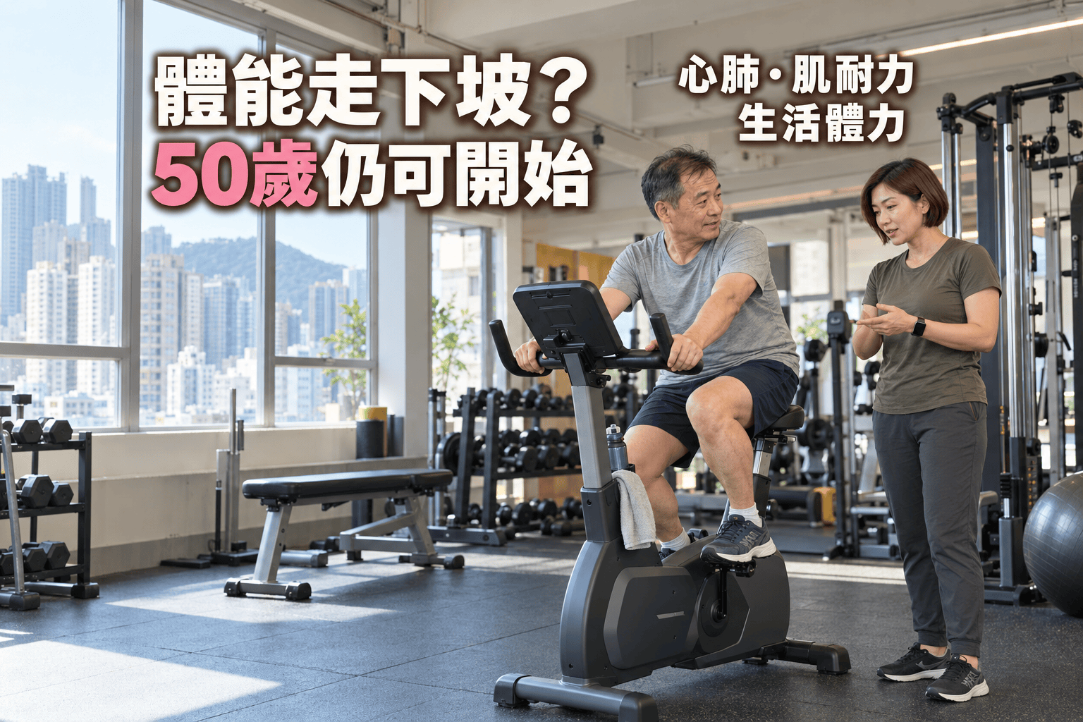 約55歲男子在健身室踩室內單車，女教練在旁觀察並講解