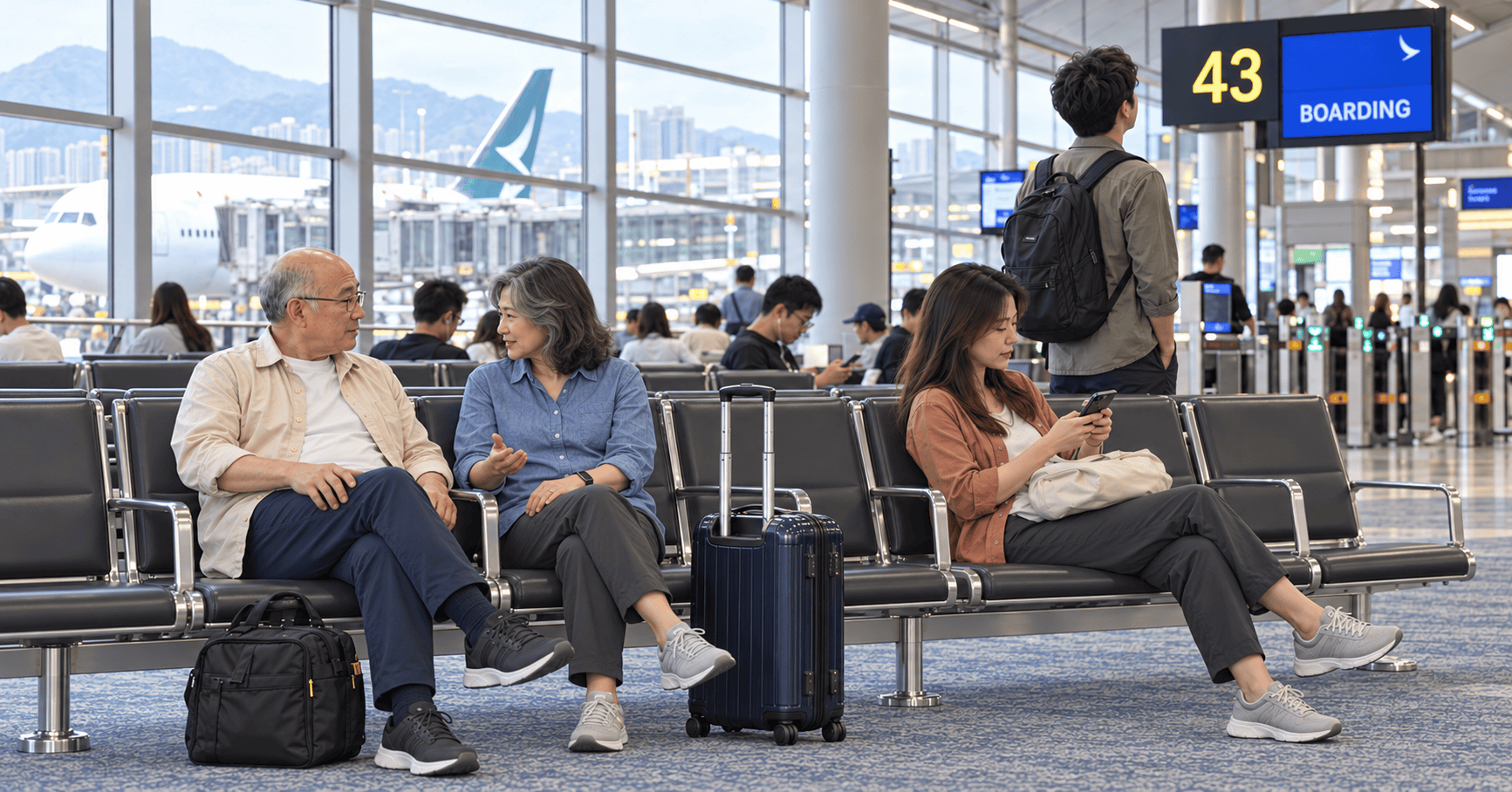 兩名50歲以上旅客在車站外步行,分別拖着行李箱及提着輕便旅行袋。