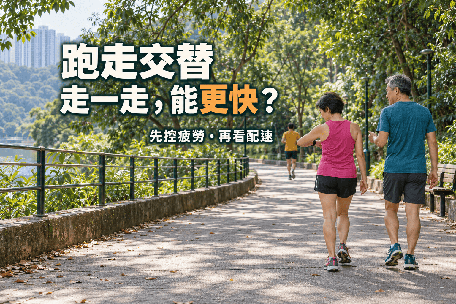 兩名約50至60歲的男女在公園步道步行，女子查看手錶，前方另有一名跑者