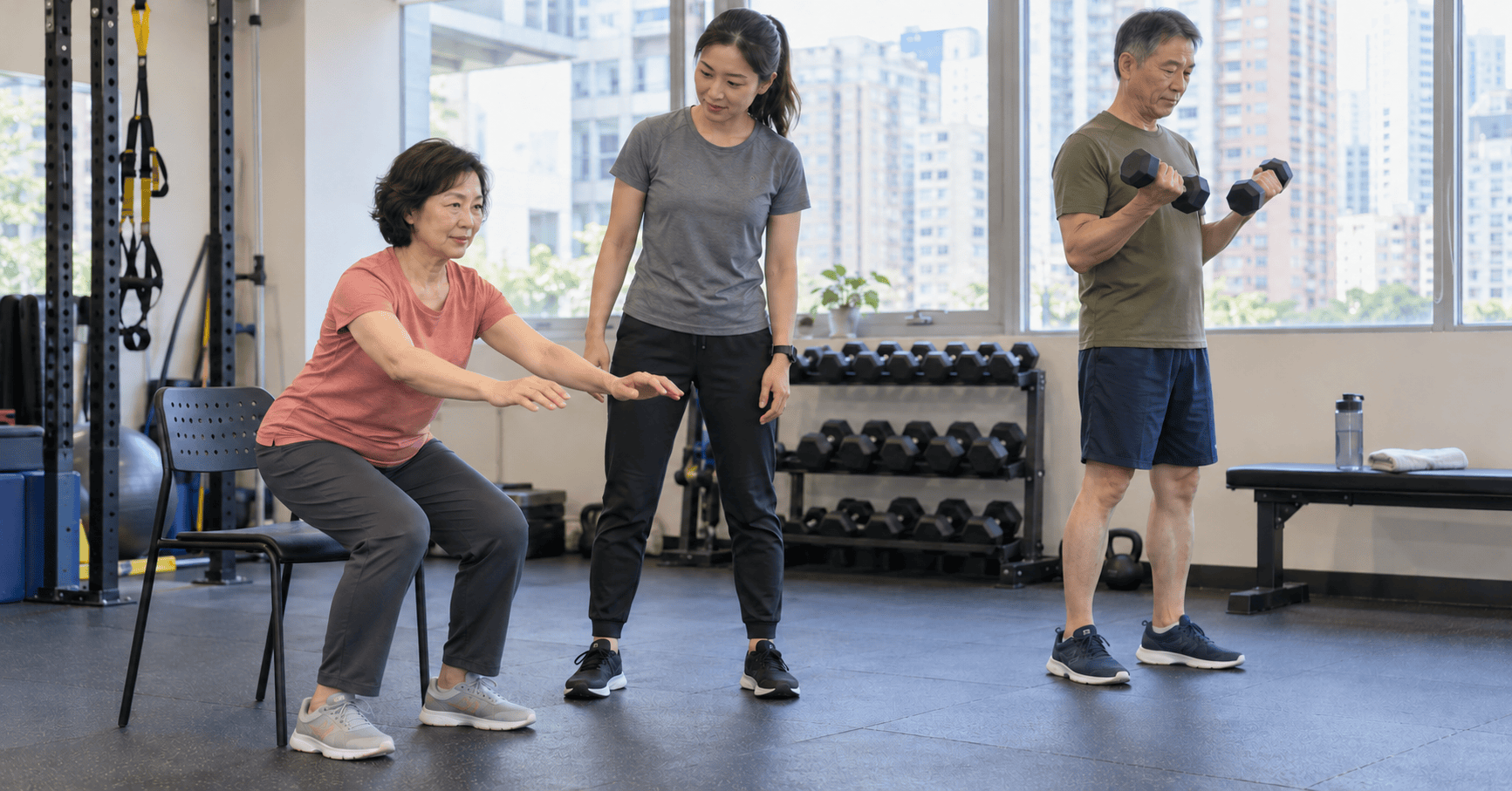 香港中年男女在教練觀察下進行肌力訓練，練習椅子坐站與啞鈴動作