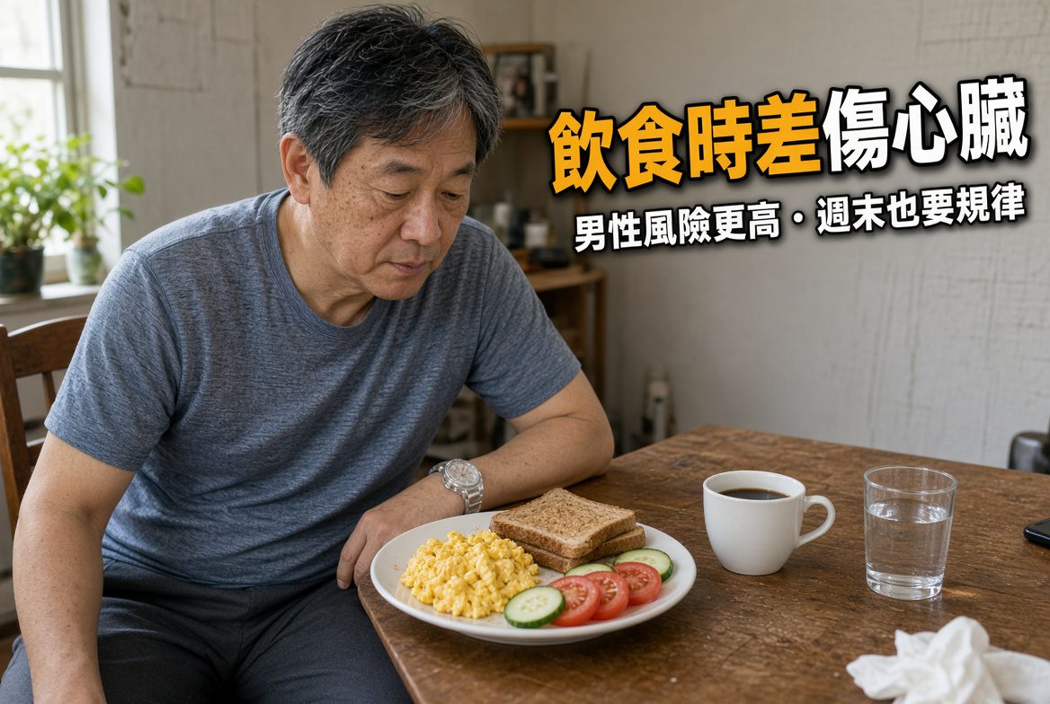 中年亞洲男性在家中自然光線下，按平日習慣時間享用簡單均衡早午餐，手腕手錶清晰可見，呈現週末仍維持進食規律的日常場景。