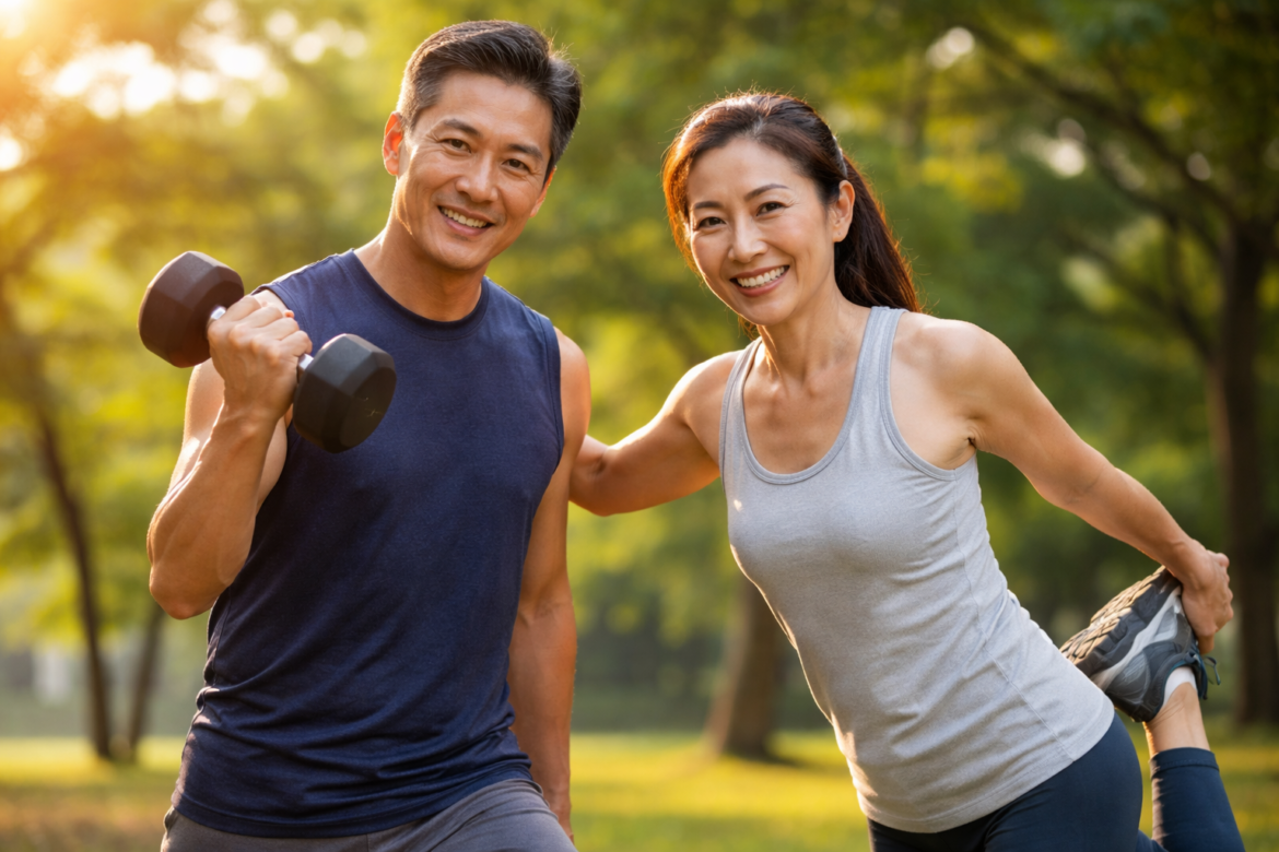 Older adults performing strength, mobility and cardio exercise for healthy aging and longevity