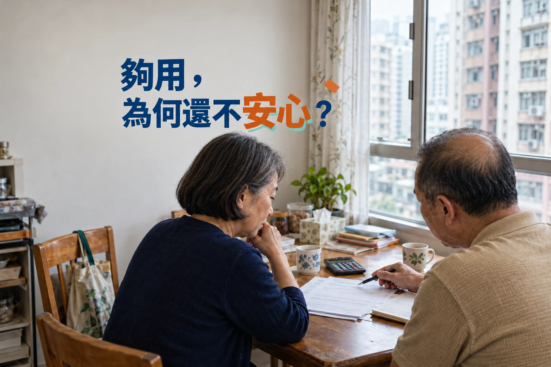 從斜後方看一對中年夫婦在家中餐桌商量生活安排，桌上有紙張和計算機，封面寫着夠用為何還不安心