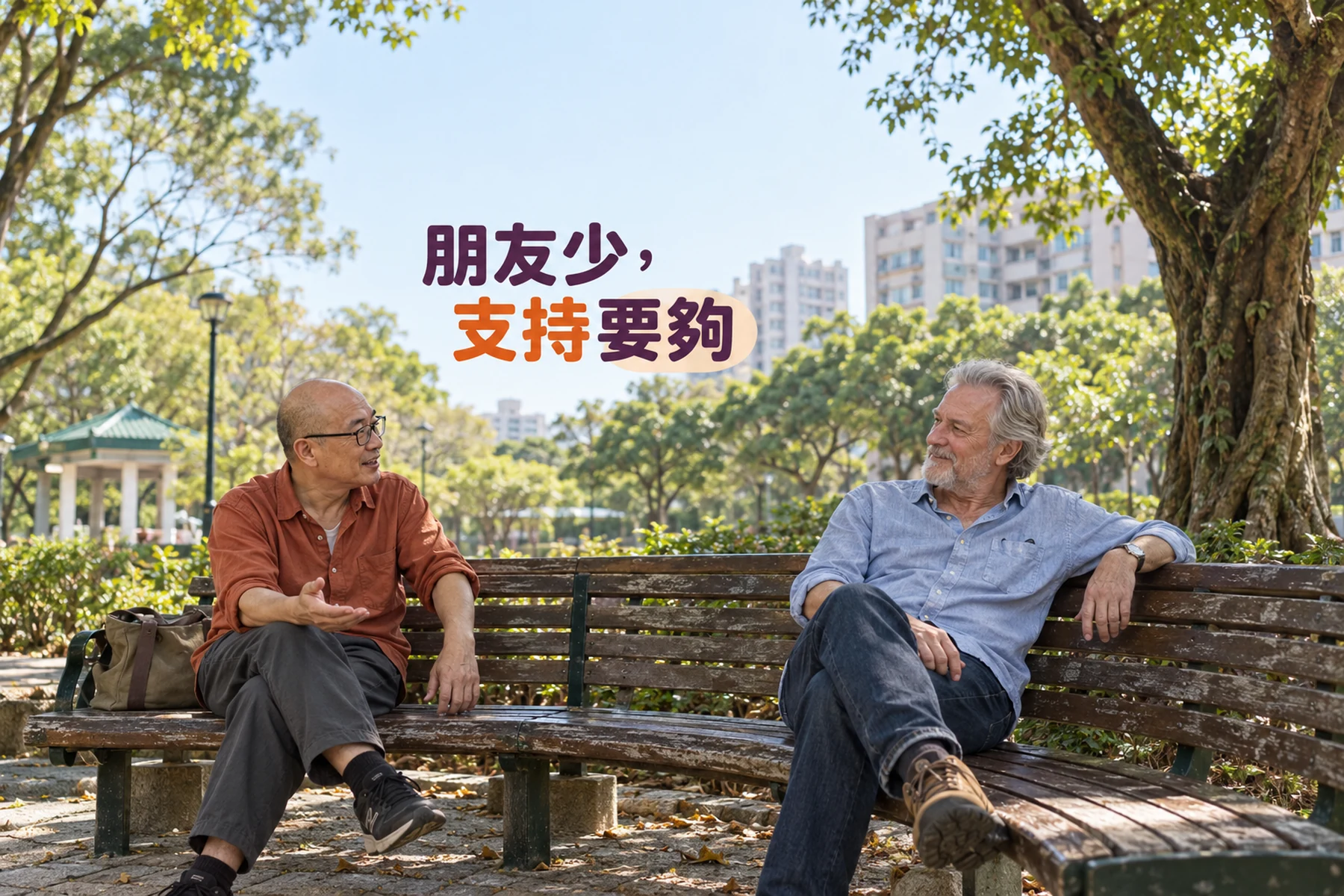 一名亞洲男子與一名白人男子在普通公園長椅上自然交談，兩人約五十多歲，封面寫着朋友少支持要夠