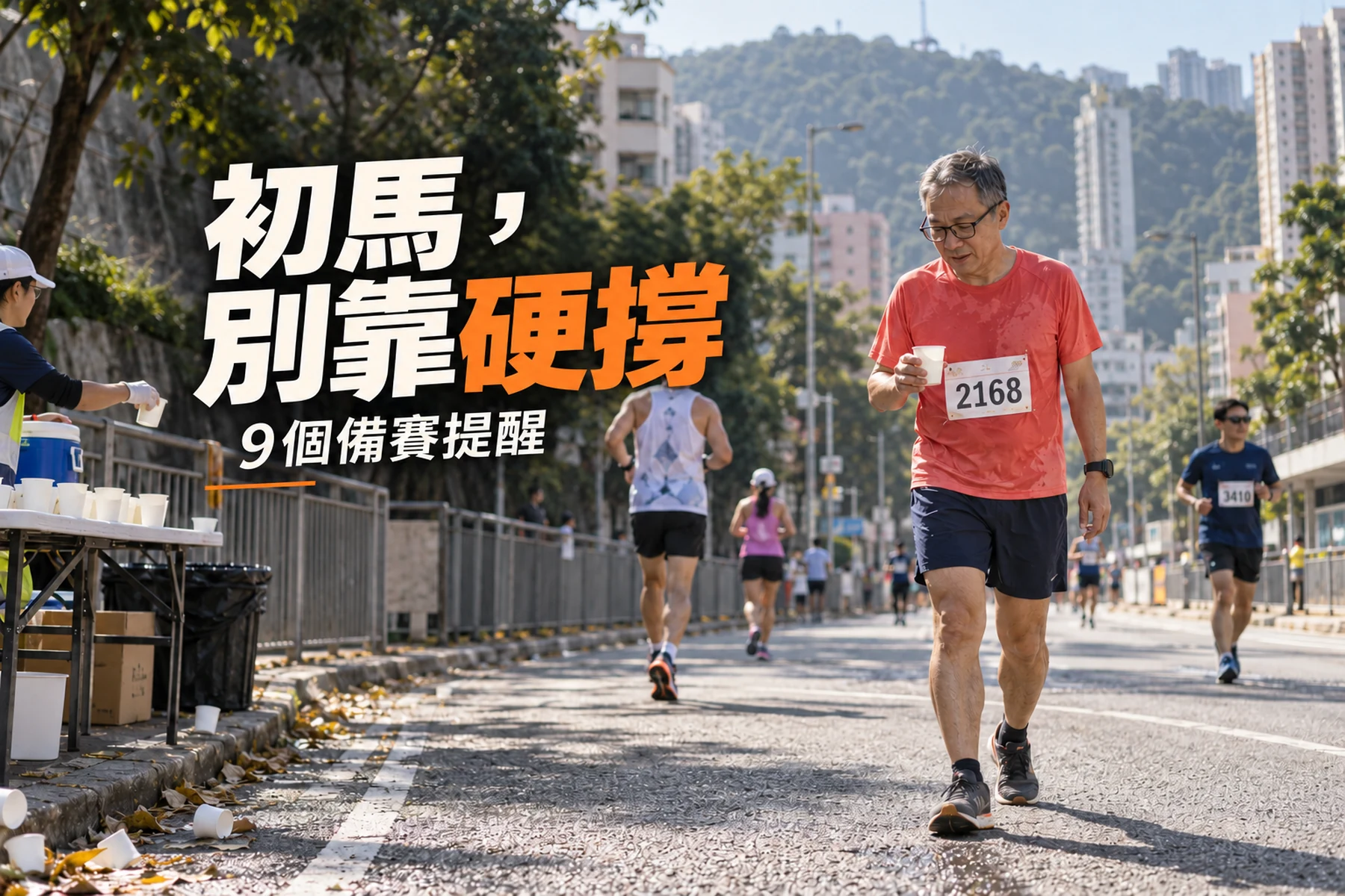 戴眼鏡的中年男跑者在城市道路補水站持紙杯步行，旁有其他跑者。