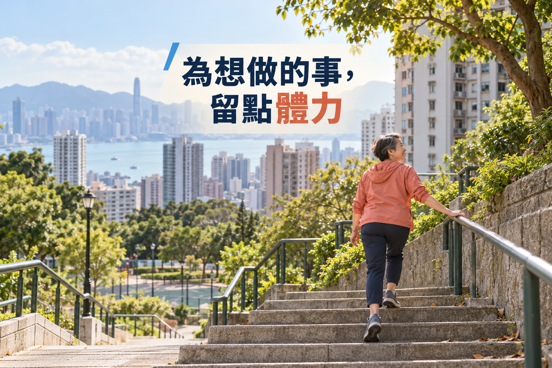 短髮中年女子穿珊瑚色外套，在香港住宅區旁的戶外石階扶欄上行，封面寫着為想做的事留點體力
