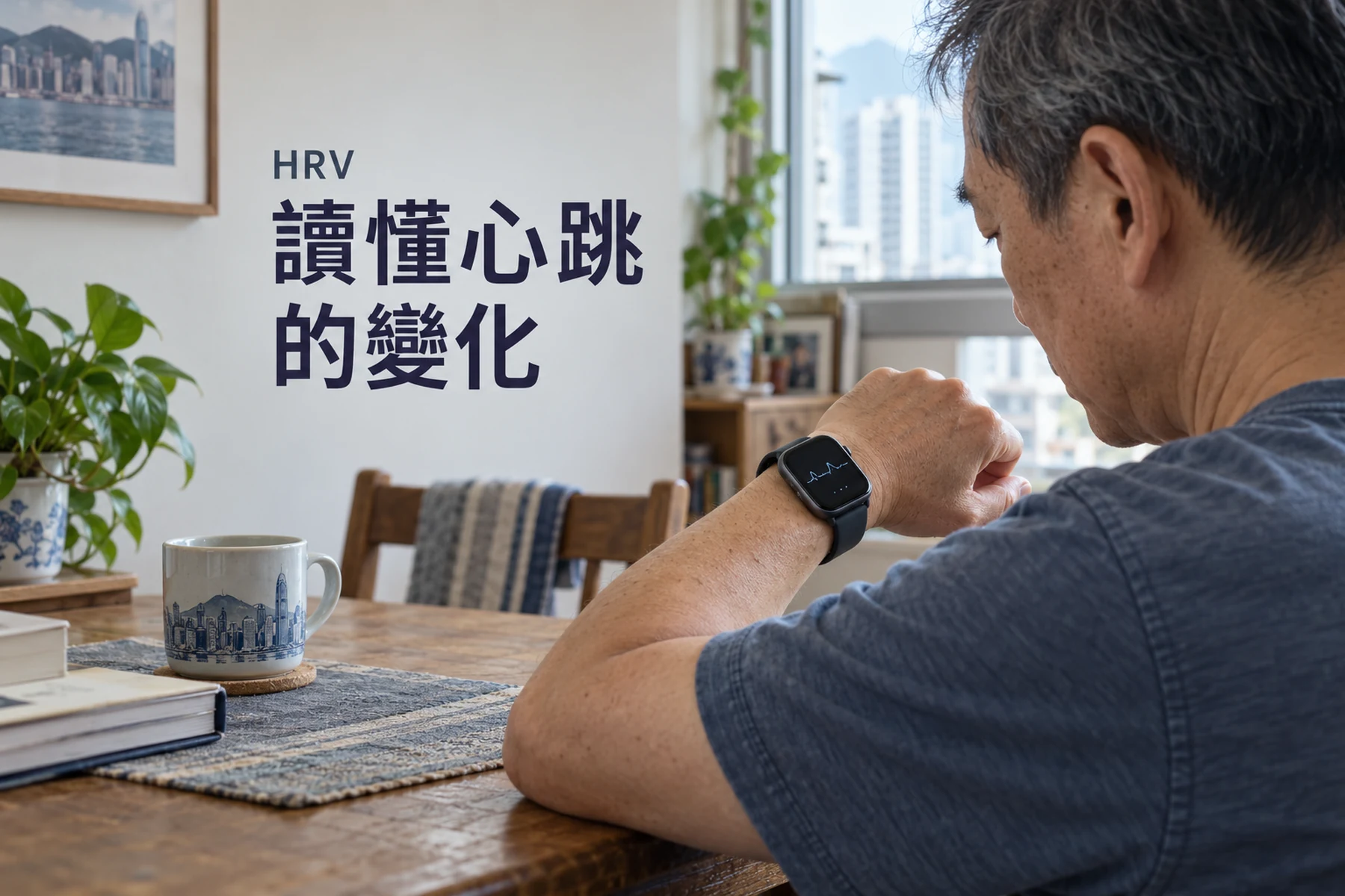 一名中年男子坐在家中查看左腕的智能手錶,桌上放有杯子和書本。