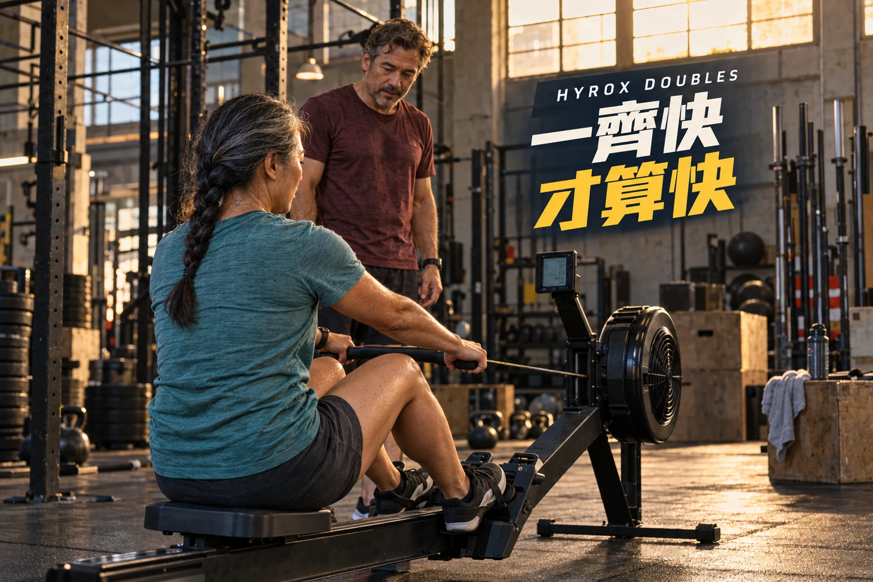 兩名中年運動者在室內訓練場練習HYROX雙人划艇交接，封面文字為「一齊快，才算快」。