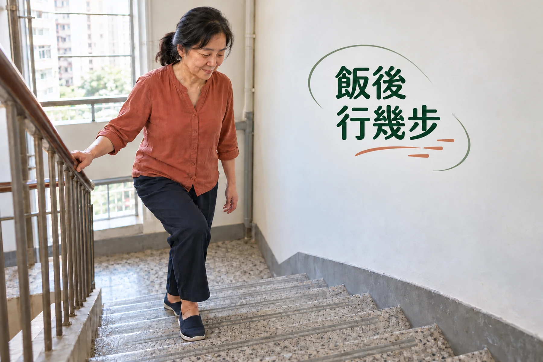 一名中年女士穿着日常衣服,扶着扶手慢步上樓梯。