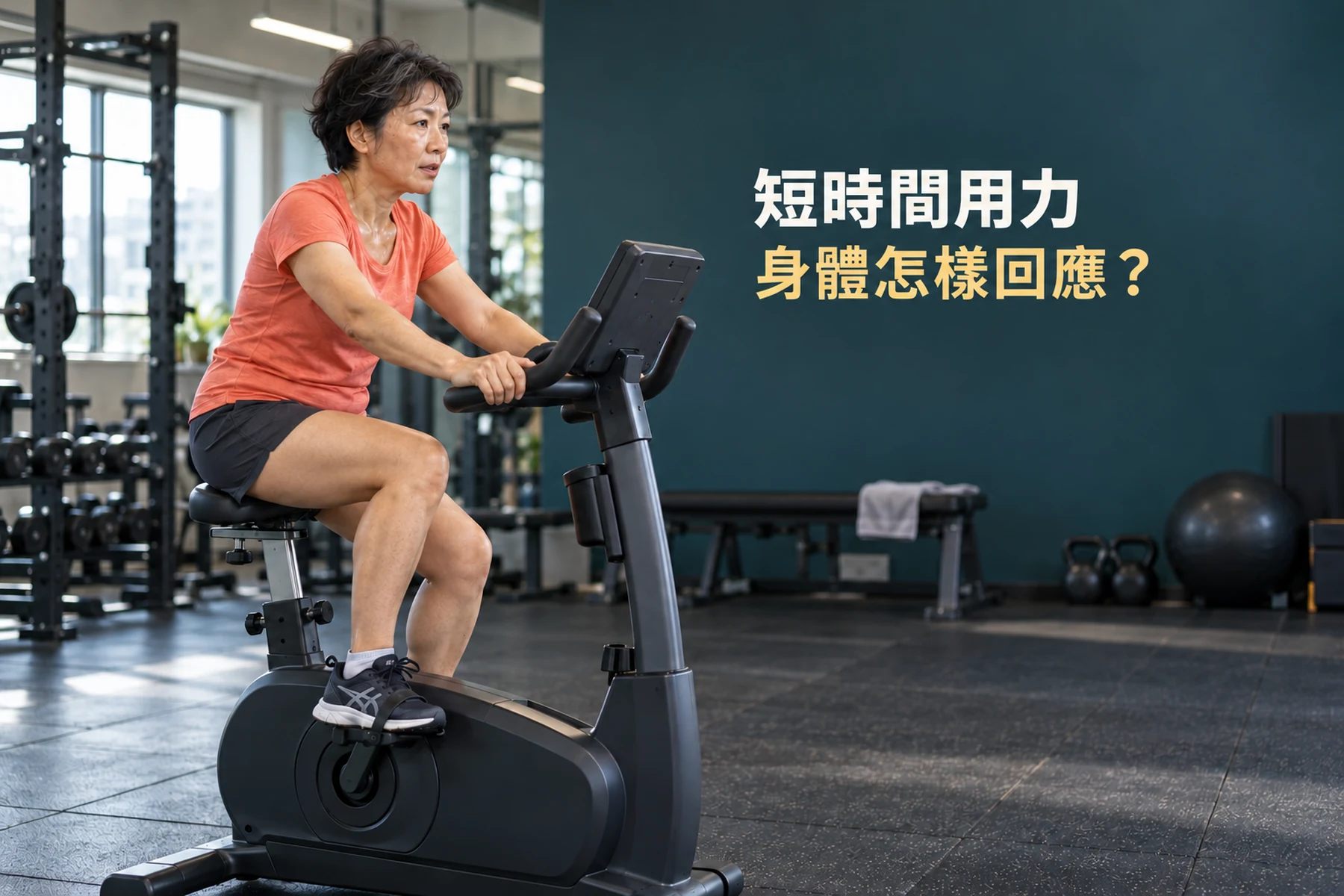 一名穿橙色上衣的中年女子在健身室踩固定單車,雙手握着扶手,專注望向前方。